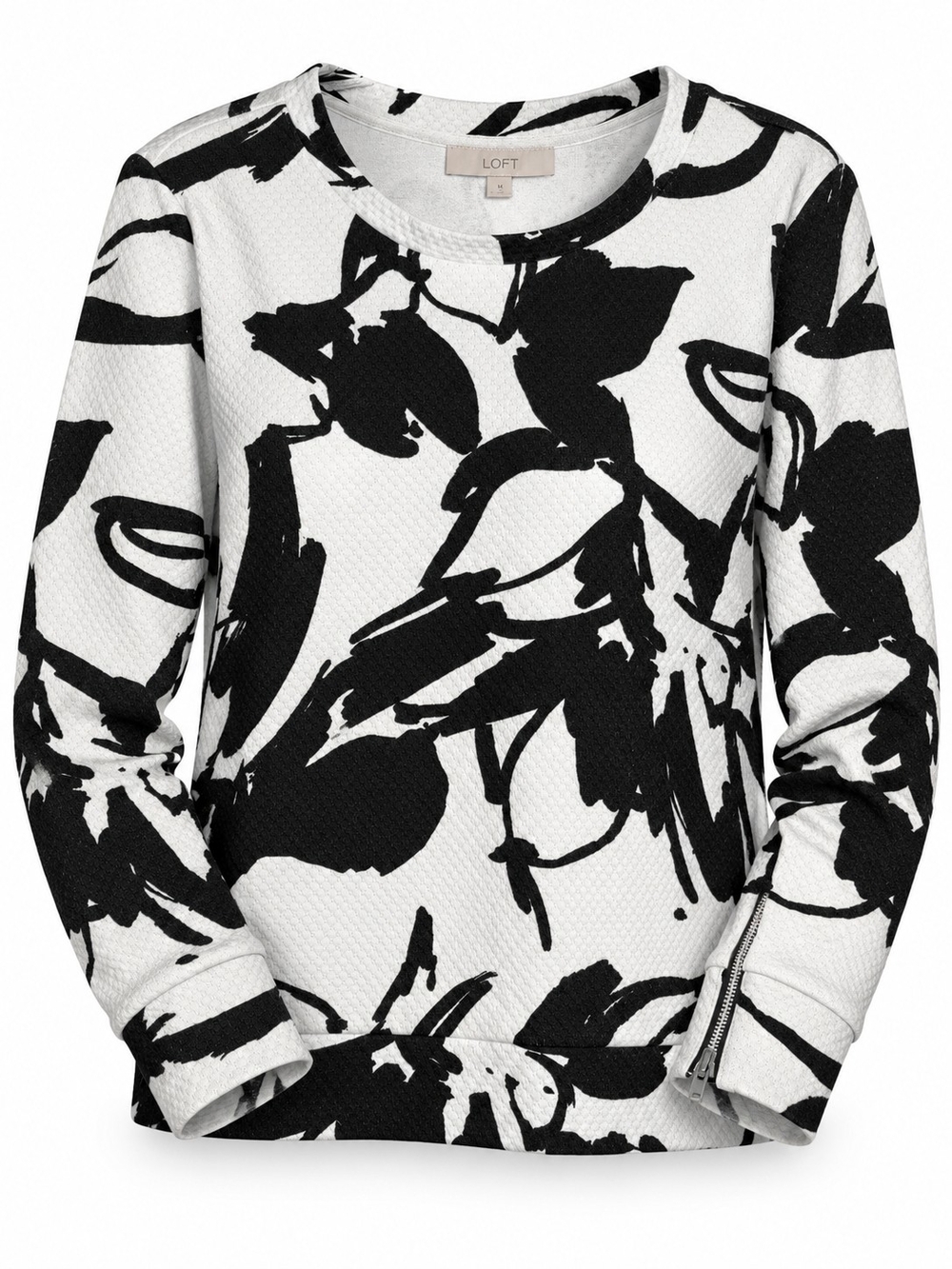 LOFT Black White Abstract Floral Textured Sweatshirt Top Women’s M